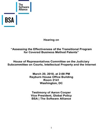 BSA Testimony: Assessing the Effectiveness of the Transitional Program for Covered Business Method Patents
