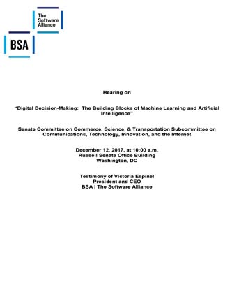 BSA Testimony: Digital Decision-Making: The Building Blocks of Machine Learning and Artificial Intelligence