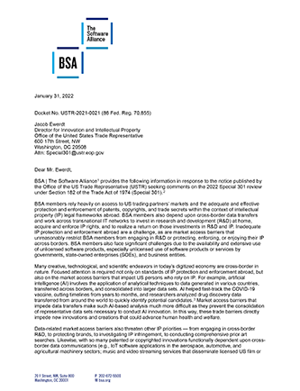  BSA 2022 Special 301 Submission to USTR cover