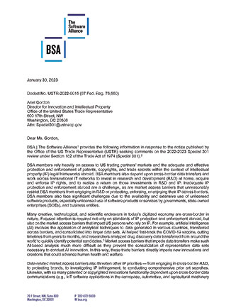 BSA 2023 Special 301 Submission to USTR cover