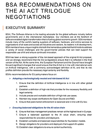 EU: BSA Recommendations on the AI Act Trilogue Negotiations cover