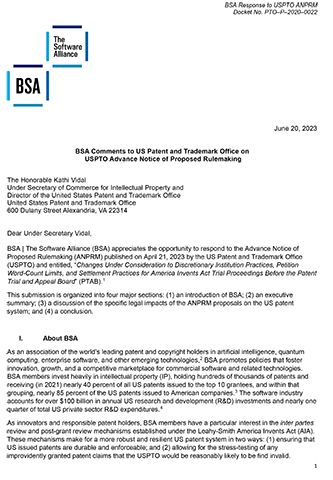 BSA Submission to USPTO ANPRM on PTAB Discretionary Denials cover