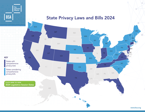 BSA State Privacy Bills and Laws Map 2024