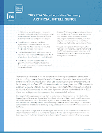 US: BSA 2022 State Legislative Summaries - Artificial Intelligence cover