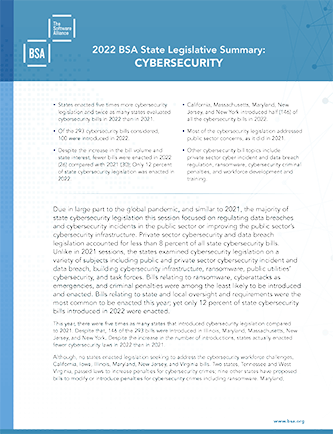 US: BSA 2022 State Legislative Summaries - Cybersecurity cover
