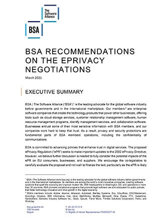 EU: BSA Policy Recommendations on the ePrivacy Negotiations cover